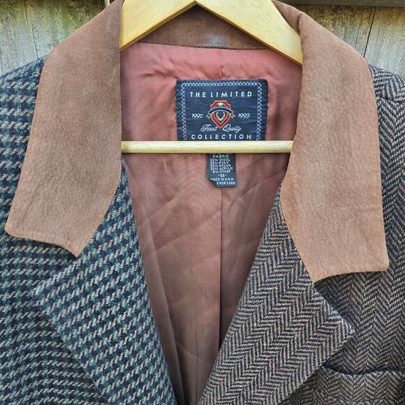 The Limited Vintage 90s Suede Wool Houndstooth Blazer M English Countryside Prep - Picture 3 of 11